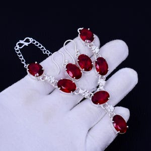 Red Garnet 925 Silver Necklace Earring Set: Bohemian Bridal Jewelry