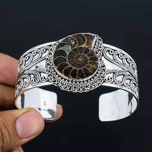 Bracciale rigido in pietra fossile di ammonite Bracciale rigido in argento sterling 925 Bracciale rigido da donna Gioielli boho Bracciale rigido aperto in stile vintage