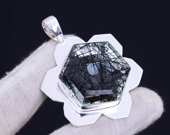 Black Rutile Gemstone Pendant: Handmade Sterling Silver Bohemian Necklace