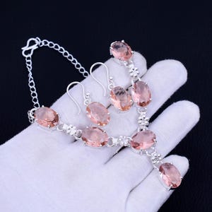 Handmade Morganite 925 Silver Necklace Earring Set: Bohemian Bridal Jewelry