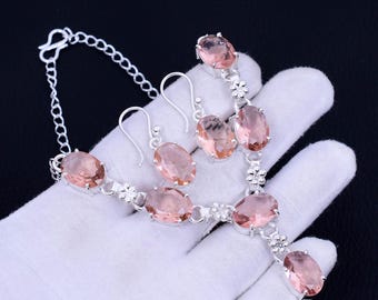 Handmade Morganite 925 Silver Necklace Earring Set: Bohemian Bridal Jewelry