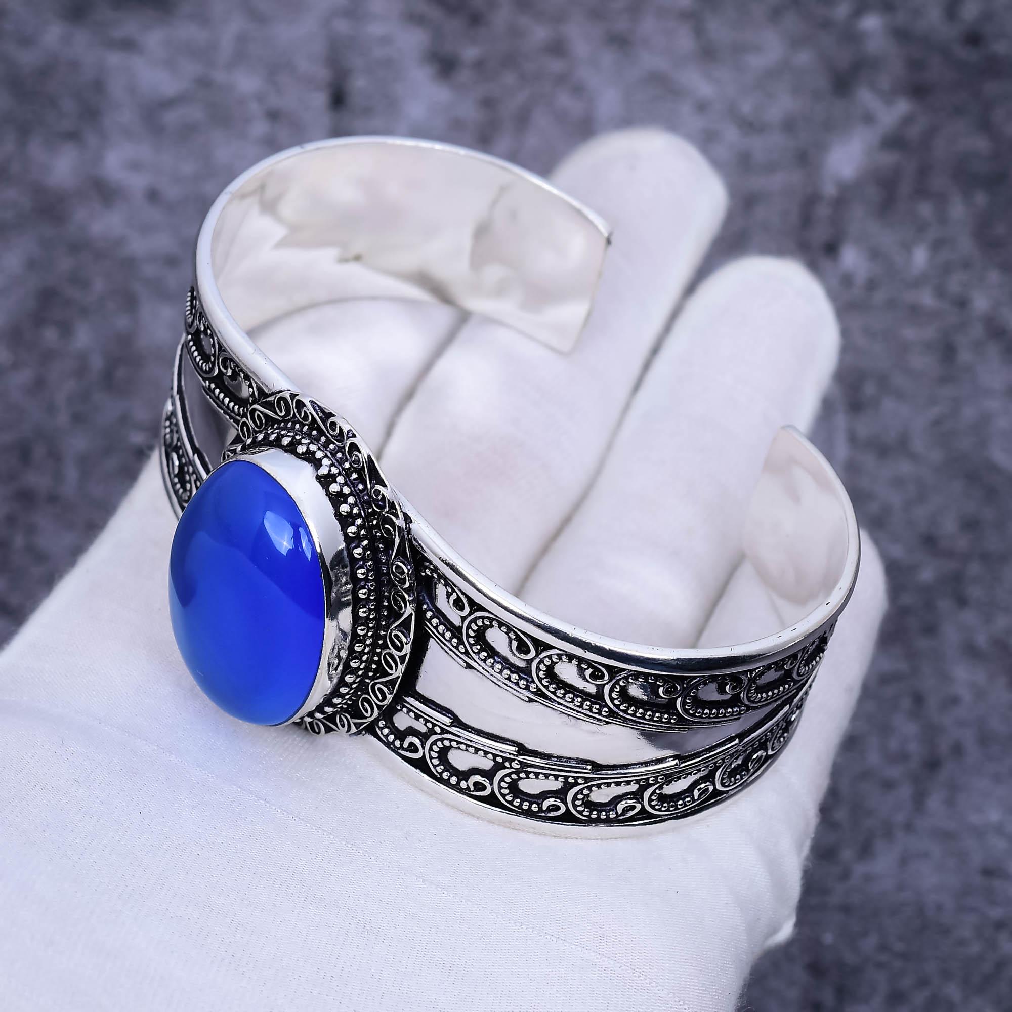 Blue Chalcedony Sterling Silver Bangle | Handmade Open Cuff