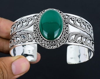 Brazalete de plata de ley con ónix verde - Joyería bohemia hecha a mano