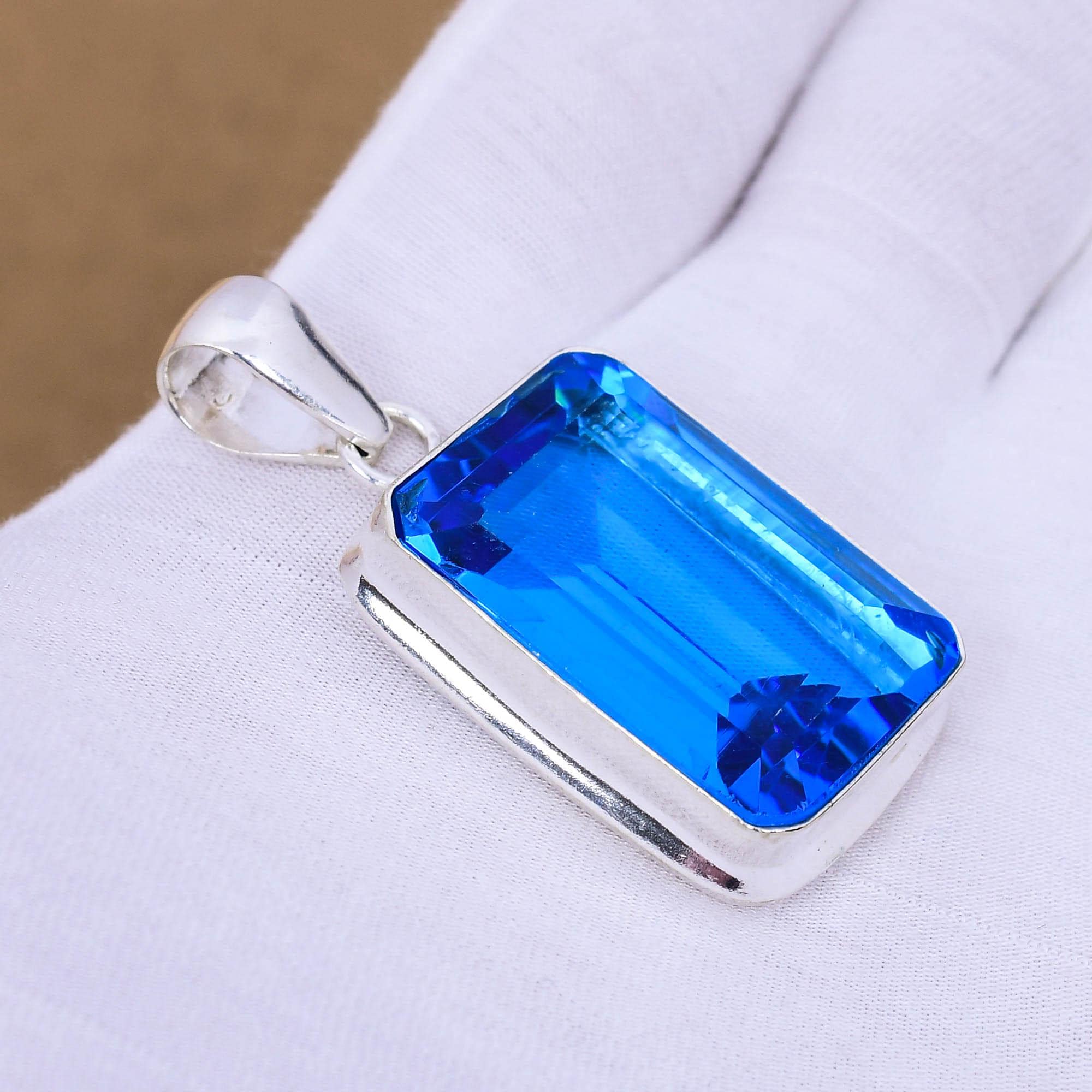 Swiss Blue Topaz Pendant, 925 Sterling Silver Pendant, Handmade Necklace, Bohemian Pendant, Octogen Shape, Gift For Mother
