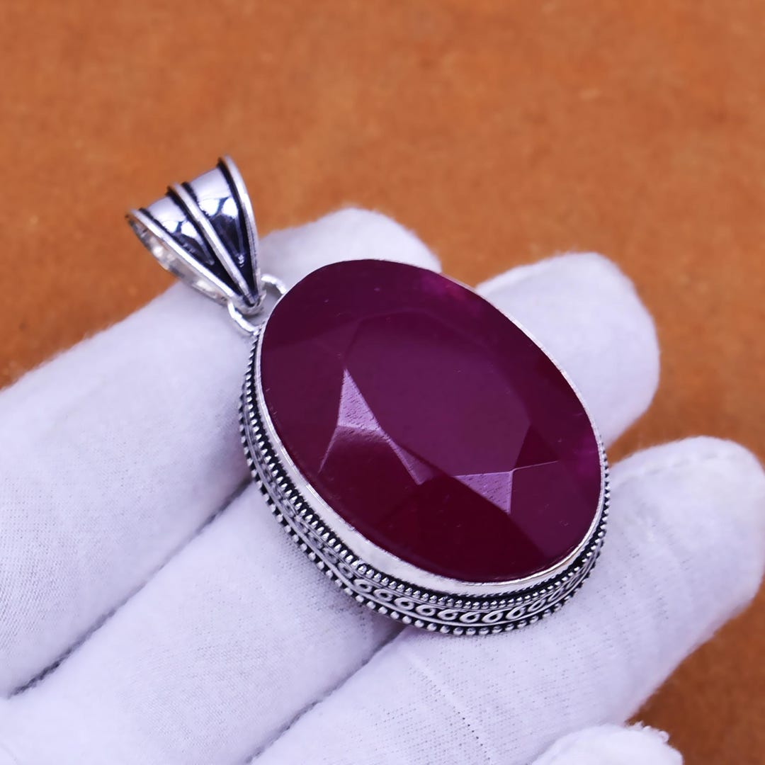 Kashmiri Ruby Gemstone Pendant 925 Sterling Silver Pendant