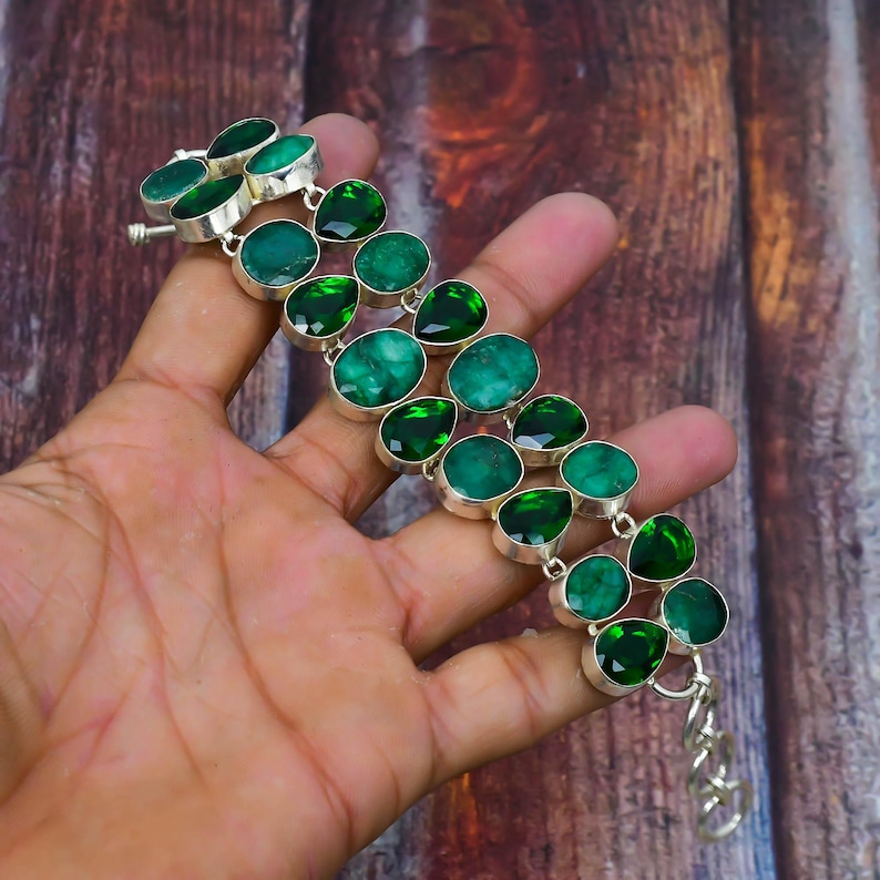 Zambian Emerald & Chrome Diopside Sterling Silver Bracelet - Handmade ...
