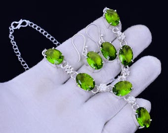 Peridot Gemstone Necklace Earring Set: 925 Sterling Silver Bohemian Jewelry