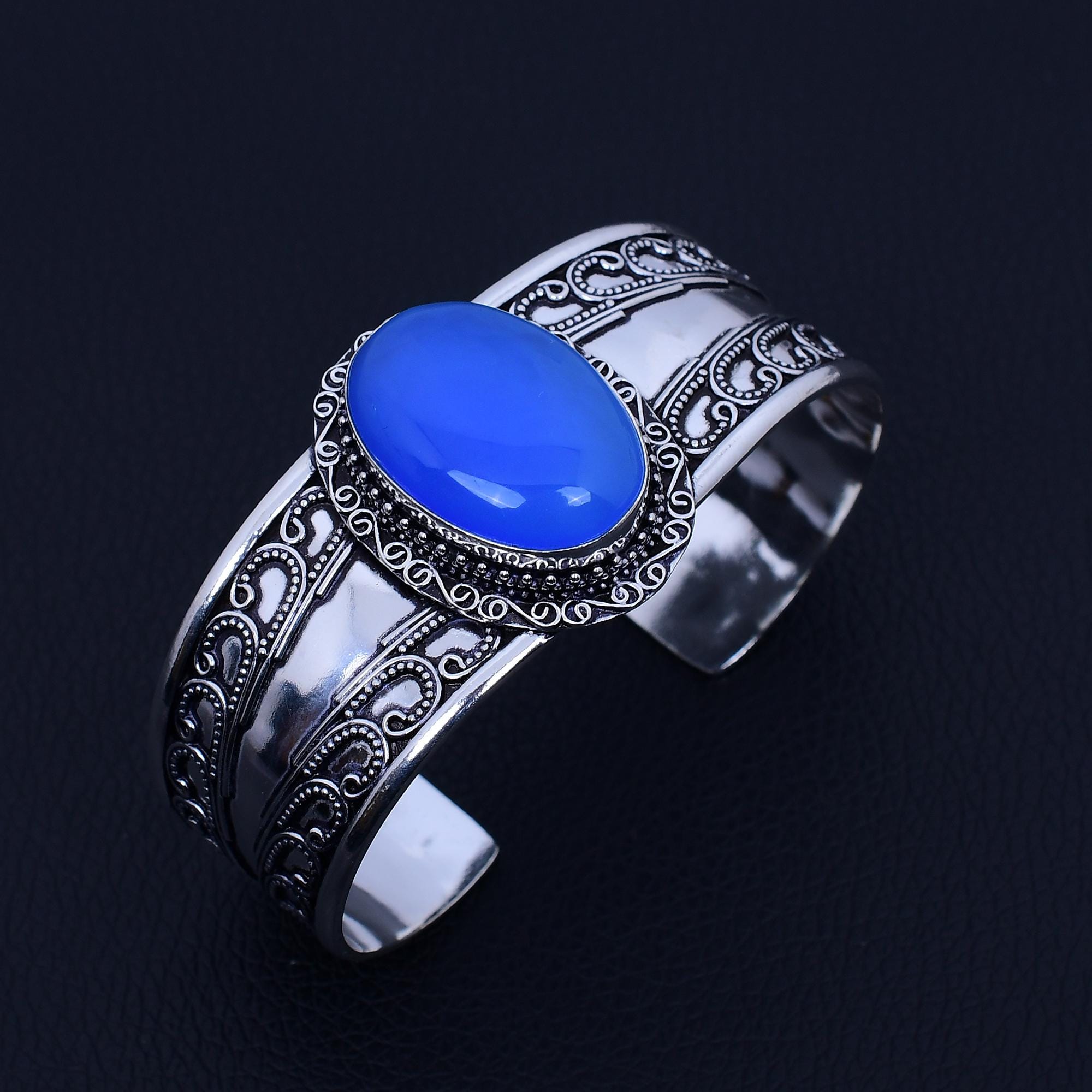 Blue Chalcedony Sterling Silver Bangle | Handmade Open Cuff