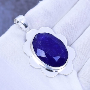 Blue Sapphire Gemstone Silver Pendant, 925 Sterling Silver Pendant, Handmade Necklace, Bohemian Pendant, Silver Jewelry Gift For Her