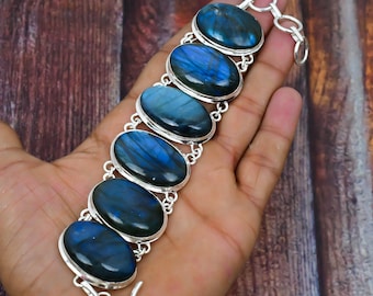 Blue Labradorite Gemstone Bracelet 925 Sterling Silver Bracelet Handmade Bracelet Women Bracelet Bohemian Jewelry Gift For Her