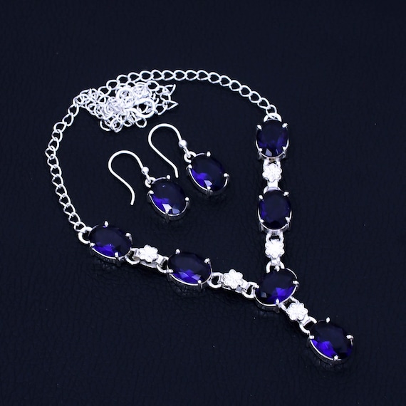 Blue Sapphire 925 Silver Necklace Earring Set: Bohemian Bridal Jewelry