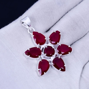 Roter Onyx Blumen Anhänger: Boho 925 Sterling Silber, 45 cm