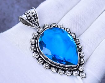 Handmade Swiss Blue Topaz 925 Sterling Silver Pendant Necklace