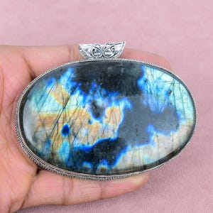 Huge Blue Labradorite 925 Sterling Silver Pendant: Bohemian Vintage Gift