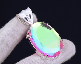 Angel Aura Quartz Gemstone Pendant, 925 Sterling Silver Pendant, Handmade Necklace, Bohemian Pendant, Oval Shape Pendant, Women Pendant