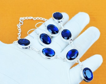 Conjunto de collar y pendientes de tanzanita hechos a mano en plata de ley 925: joyería nupcial bohemia