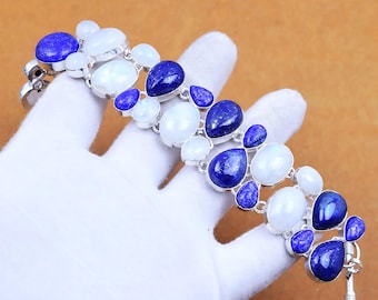 Rainbow Moonstone Lapis Lazuli Gemstone Bracelet: 925 Sterling Silver Bracelet Bohemian Jewelry