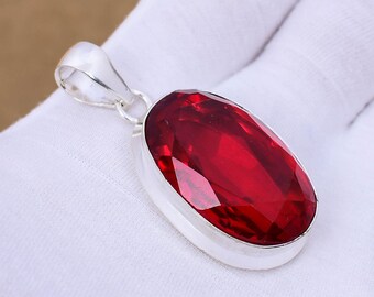 Handmade Faceted Red Garnet 925 Sterling Silver Pendant: Bohemian Necklace