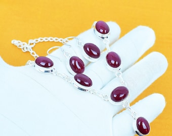 Handmade Kashmiri Ruby Necklace Earring Set: 925 Sterling Silver Bohemian Jewelry