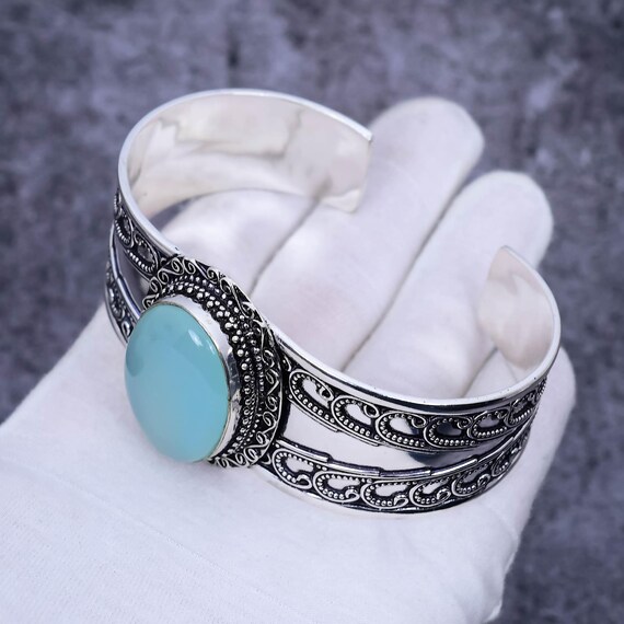 Aqua Chalcedony Sterling Silver Cuff | Handmade Vintage Bangle