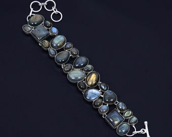 ラブラドライト バングルブレスレット：925スターリングシルバー