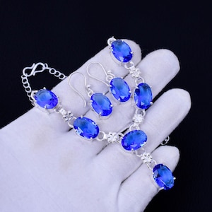 Blue Topaz Gemstone Necklace Earring Set 925 Silver Necklace Women Necklace Set Bohemian Jewelry Anniversary Gift  Bridal Jewelry Set