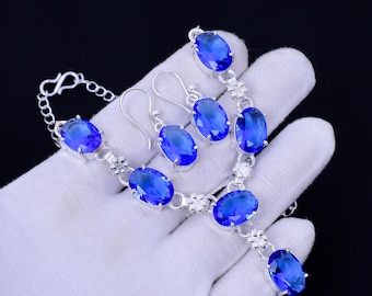 Blue Topaz 925 Sterling Silver Necklace Earring Set: Bohemian Bridal Jewelry