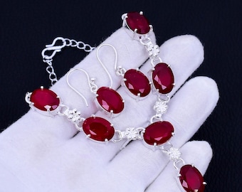 Kashmiri Ruby 925 Silver Necklace Earring Set: Bohemian Bridal Jewelry
