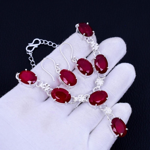 Kashmiri Ruby 925 Silver Necklace Earring Set: Bohemian Bridal Jewelry