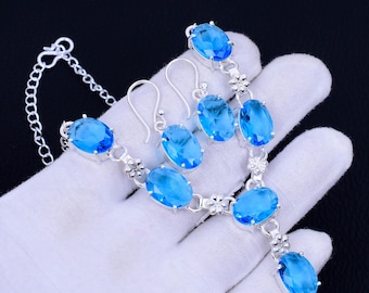 Swiss Blue Topaz Necklace Earring Set: 925 Sterling Silver Boho Jewelry