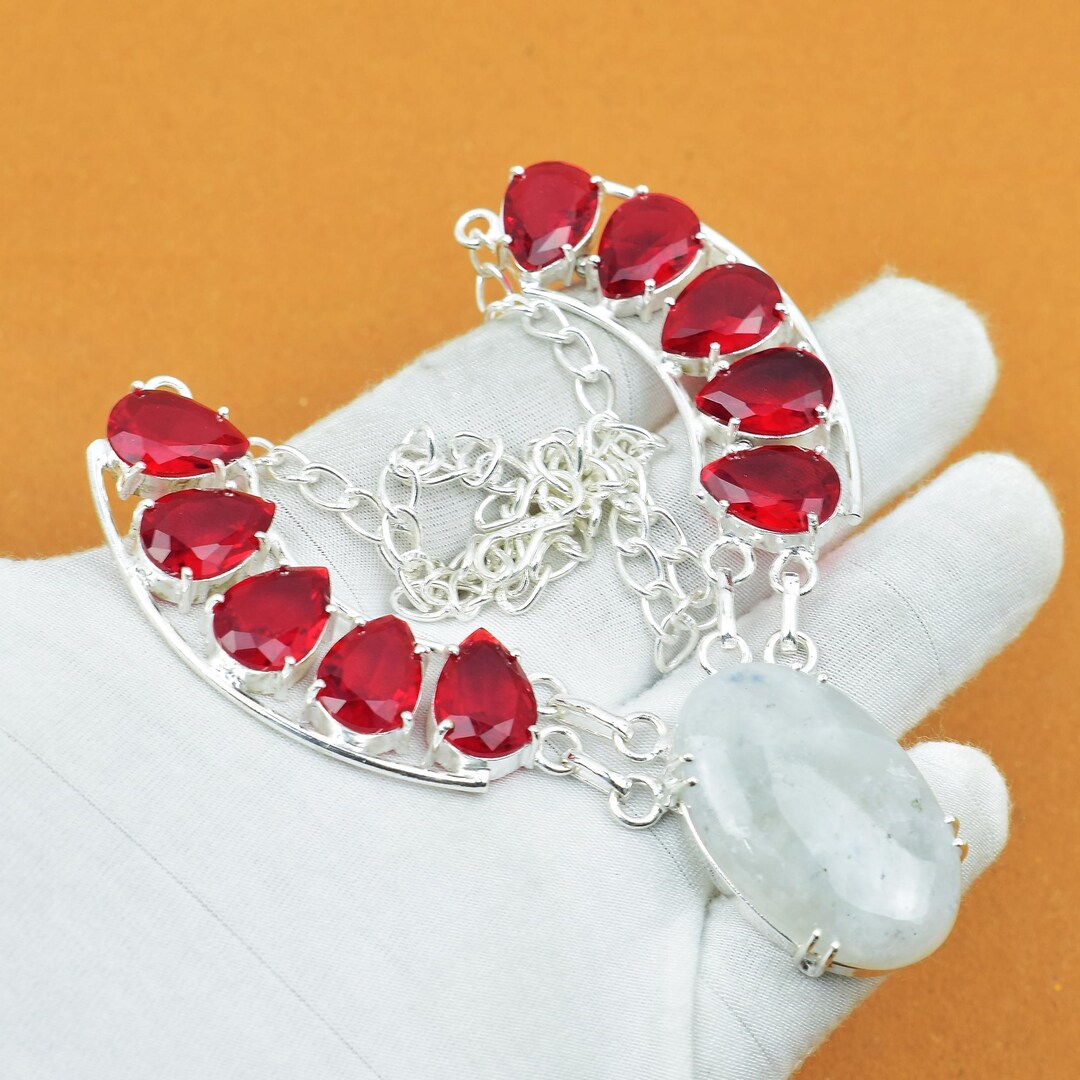 Rainbow Moonstone & Garnet Necklace: Bohemian Sterling Silver