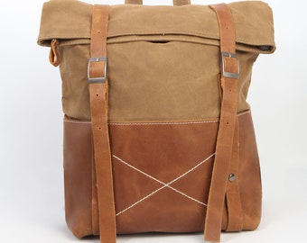 Brown waterproof canvas and leather backpack