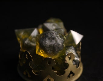 Hand made sharp edged dice set for dungeons and dragons and other ttrpgs Grey and yellow, dark and stormy