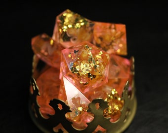 Hand made sharp edged dice set for dungeons and dragons and other ttrpgs pink, gold, yellow, flower, flowers