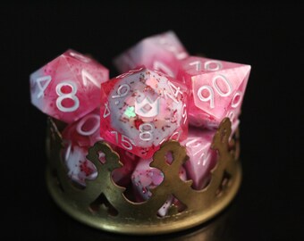 Hand made sharp edged dice set with rolling tray for dungeons and dragons and other ttrpgs Valentines love pink hearts
