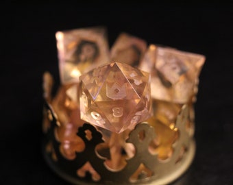 Hand made sharp edged dice set for dungeons and dragons and other ttrpgs yellow pink and clear