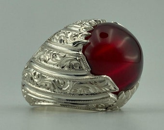オーバルレッドガーネットシルバーメンズリング、シルバーハンドメイド