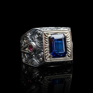 4.00 Ct Blue Sapphire Stone Silver Ring, Real Sapphire, Original Gemstone Hand Engraved 925 Sterling Silver Ring,Luxury Halloween Day Gift