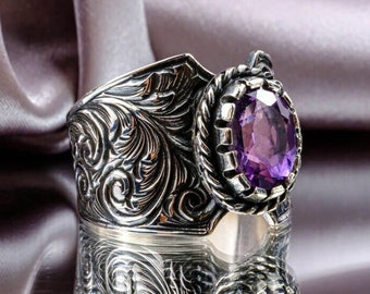 Falcon Jewelry Handmade Sterling Silver Men's Ring With Created Amethyst Stone - Byzantine Ethnic Design