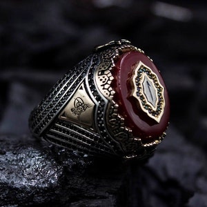 Anillo de plata de piedra de ámbar islámico Elif, anillo de hombre de plata de ley 925 hecho a mano árabe otomano, anillo de letra árabe, joyería de plata-regalo para él-