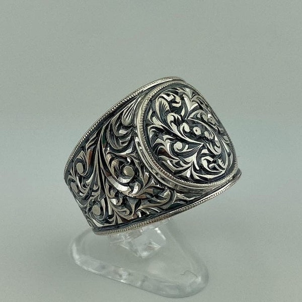 Monogram Gravur Floral Design Silver Ring, Hand Engraved 925 Sterling Silver Turkish Style Man Ring, Luxury Valentine's Day Gift for Him