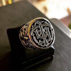 Anillo con sello de plata de 925 k con monograma inicial, anillo con letra, anillo con sello de letra duogram personalizado especial, regalo de lujo para el día de Halloween -TY