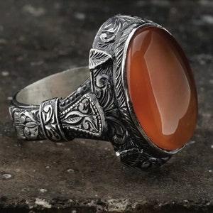 Yemeni Aqeeq Stone Silver Ring, Real Aqeeq, Turkish Handmade 925 Sterling Silver Vintage Style Ring, Luxury Halloween Day Gift-22gr!