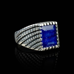 4.00 ct Blue Sapphire Stone 925k Silver Ring, Real Sapphire, Original Precious Gemstone Hand Carved Silver Ring, Luxury Gift for Him