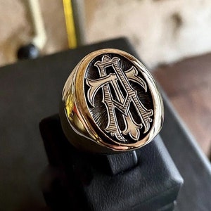 Anillo con sello de plata de 925 k con inicial personalizada y monograma, anillo con sello de plata con diseño de letra especial personalizado, regalo de lujo para el día de Halloween - AT
