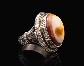 Handmade Yemeni Aqeeq Stone Ring: 925 Sterling Silver Vintage Style