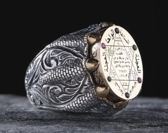 Anillo del Sello de Salomón: Plata de ley tallada a mano, piedra de colores