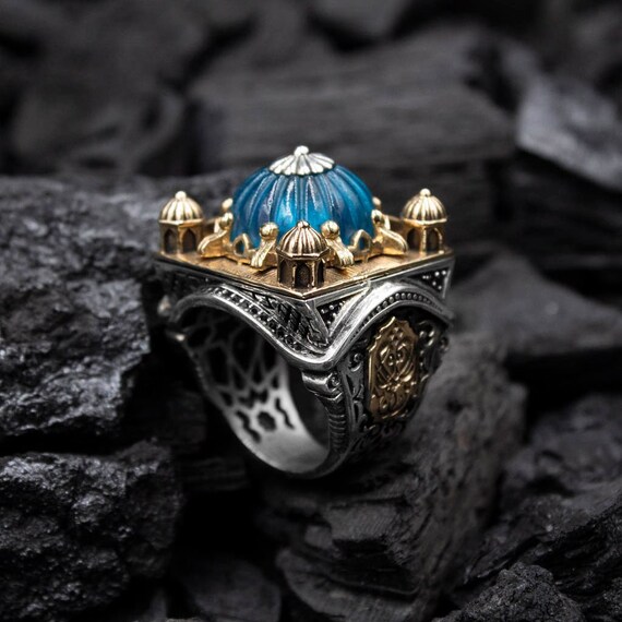 Mosque Design Amber Stone Silver Man Ring 925 Sterling Silver Handmade Turkish Ring Islamic Ring New Arrival gift for Him 28gr Etsy
