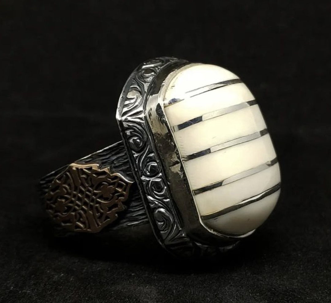Real Ivory Stone Silver Ring, Handmade 925 Sterling Silver Vintage ...