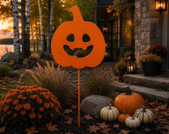 Smiling Pumpkin Yard Stake, Handcrafted Steel Fall Harvest Decoration